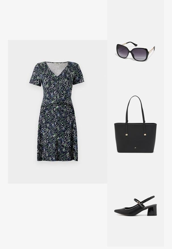 Īsām piedurknēm tērps tumši zilā krāsā ar daudzkrāsainu punktotu rakstu. Tam ir V veida kakla izgriezums un pielāgota josta, izgatavots no viegla auduma.; Melns patentēts ādas sandales ar norādīta pirksta formu, noapaļotu izgriezuma dizainu un bloķētu papēdi. Iezīmēta ar zelta toņa sprādzi.; Melni pārmērīgi lieli saulesbrilles ar gradāciju lēcām, biezām rāmja malām un zeltainas krāsas ķēžu detaļām uz tempļiem.; Melnā somiņa, kas izgatavota no sintētiska materiāla, ar vienkāršu taisnstūra formu, zelta kvadrātveida akcentiem un divām rokturiem.