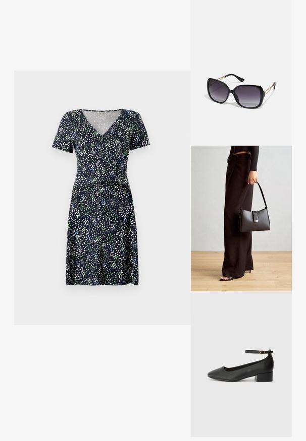 Lyhythihainen mekko tummansinisessä värissä, jossa on monivärinen täpläkuvio. Mekossa on V-pääntie ja istuva vyötärö, ja se on valmistettu kevyestä kankaasta.; Mustat nahkakengät, joissa on terävä kärki ja matala lohkare korko. Varustettu nilkkahihnalla, jossa on kultasävyinen solki. Lisää sileä pinta.; Mustat ylisuurten kehysten aurinkolasit, joissa on liukuväri-linssit, paksut kehykset ja kultasävyiset ketjustuskoristeet temppeleissä.; Musta käsilaukku, jossa on rakenteellinen muoto, sileä pinta ja metallinen solki. Yhdistetty leveisiin mustiin housuihin ja avonaiheisiin sandaaleihin puulattialla.