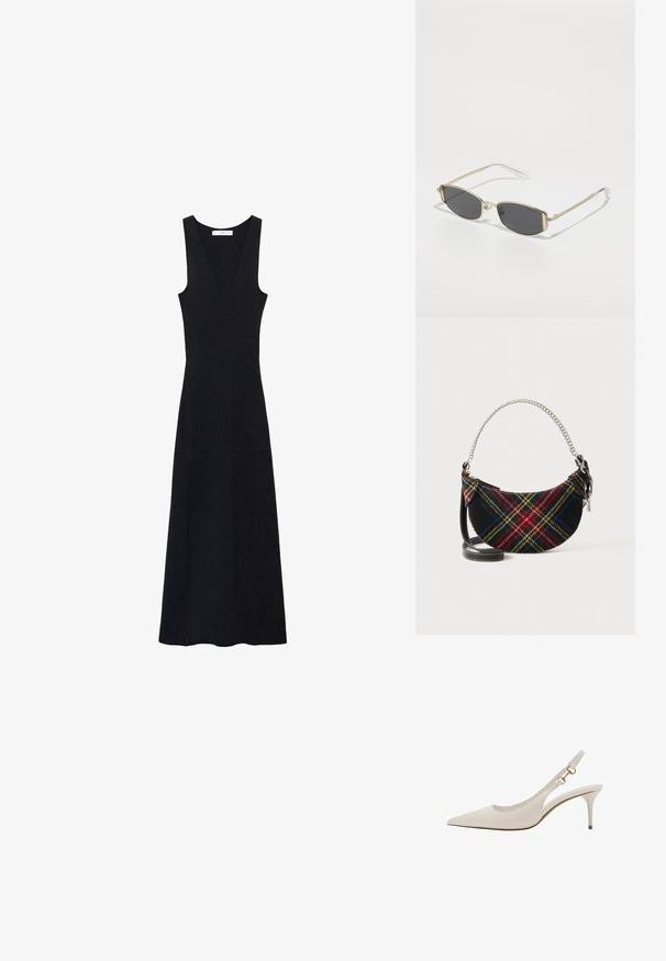 Zwarte, geribbelde jurk met een diepe V-halslijn en mouwloos ontwerp; heeft een maxi-lengte en een aansluitende silhouet.; Beige leren slingback schoen met een spitse neus, dunne hak en gouden hardware accenten op de band. Glad oppervlak overal.; Gouden metalen zonnebril met een ovale vorm, donkergrijze lenzen en heldere tempels. Heeft decoratieve accenten op het frame.; Tasje met tartanpatroon, gemaakt van een wolmix, met een halve maanvorm, een zilveren kettinghandvat en een afneembare zwarte leren schouderband.