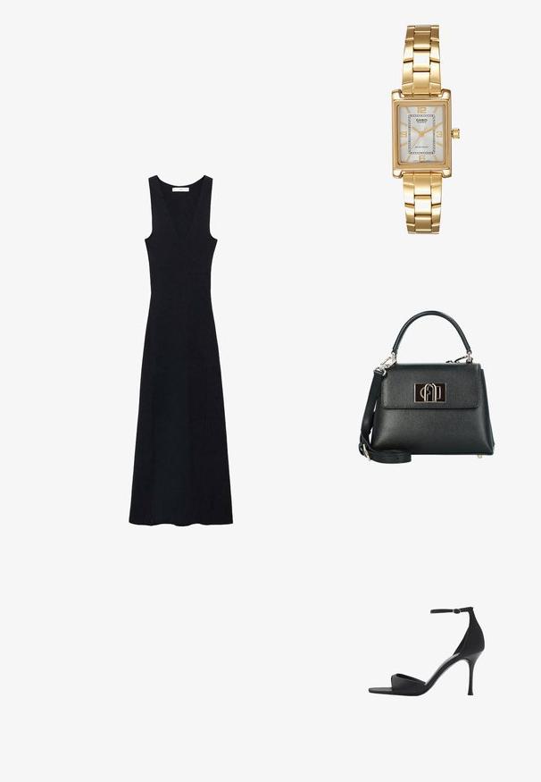 Abito nero a coste con scollatura a V profonda e senza maniche; presenta una lunghezza maxi e una silhouette aderente.; Mango Sandali con tacco - black; Borsa a tracolla in pelle nera texture con una forma strutturata, dotata di manico superiore, tracolla removibile e una chiusura con logo in tono oro.; Orologio da polso rettangolare dorato con quadrante bianco, indicatori delle ore in tono argento e un robusto bracciale in metallo. Include la funzione di resistenza all'acqua.