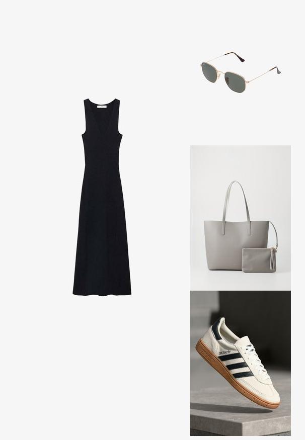 Černé šaty s proužkovaným vzorem, hlubokým výstřihem do V a bez rukávů; mají maxi délku a přiléhavý střih.; Bílé semišové tenisky s námořnickými pruhy, gumovou podrážkou, texturovaným svrškem, kulatou špičkou a šněrováním; obsahují branding na boku a na jazyku.; Sluneční brýle s kovovým zlatým rámem a tmavě zelenými skly, styl aviatorek, s úzkými obroučkami a želvovinovými akcenty na špičkách.; Šedá syntetická taška s dvěma dlouhými uchy a odpovídající malou zipovou taštičkou se střapcem. Hladký povrch s jemným vzorem.