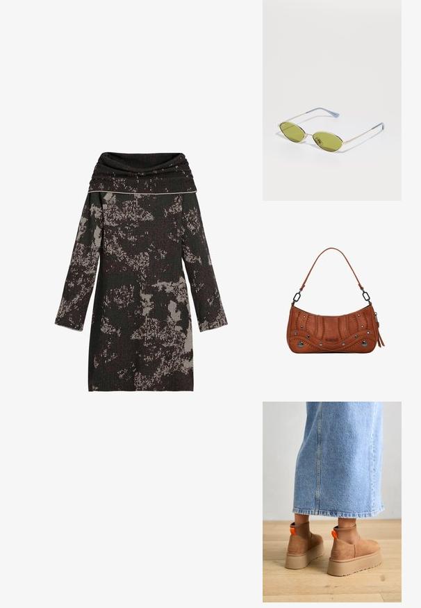 Strikkjole med cowl-halsudskæring, der har sort og cremefarvet abstrakt mønster, lange ærmer og struktureret ribbet materiale.; Brune ruskinds platform støvler med elastiske sidepaneler og orange trækstropper, parret med en knælang lys denimnederdel på et trægulv.; Olivengrønne solbriller med en tynd guldramme og blå accenter på stellet. Oval linser og minimalistisk design.; Brun syntetisk håndtaske med buet design, detaljeret syning, metalnitter og en kort rem. Lynlåslukning med dekorative accenter.