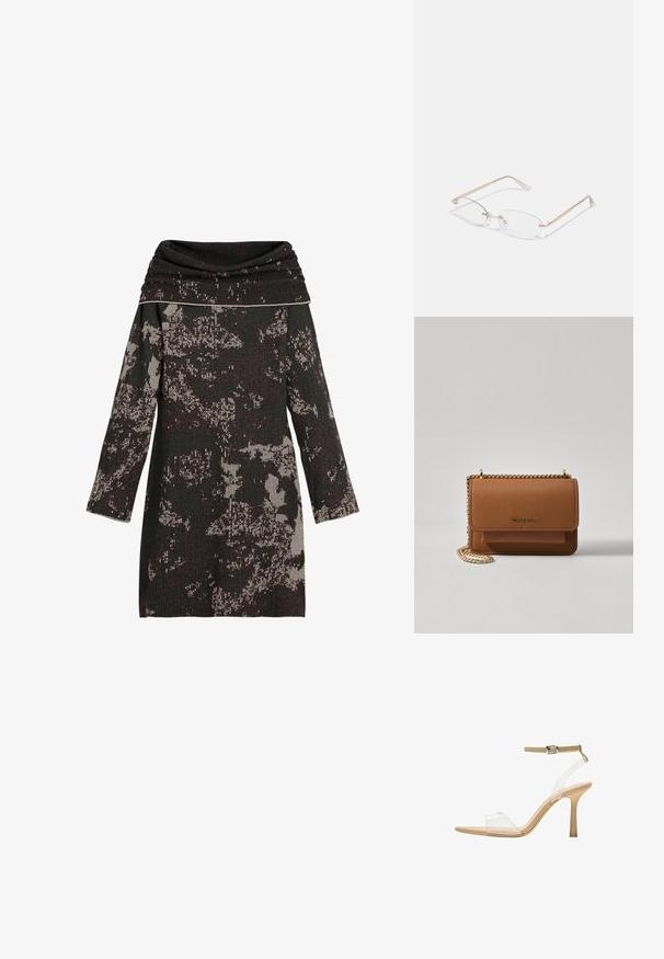 Strickkleid mit Schalkragen, das schwarze und cremefarbene abstrakte Muster, lange Ärmel und strukturiertes Rippmaterial aufweist.; Durchsichtige Sandale mit transparentem Obermaterial, beigem Fußbett und einem schlanken Knöchelriemen. Sie hat eine spitz zulaufende Zehenpartie und einen dünnen, hohen Absatz.; Goldfarbene Metallbrille mit ovalen Gläsern, schlanken Bügeln und klaren Nasenpolstern. Verfügt über subtile Scharnierakzente und transparente Gläser.; Braune strukturierte Ledertasche mit goldener Kettenriemen und Klappenverschluss. Die Vorderseite zeigt ein Logo-Detail und eine Tasche unter der Klappe.