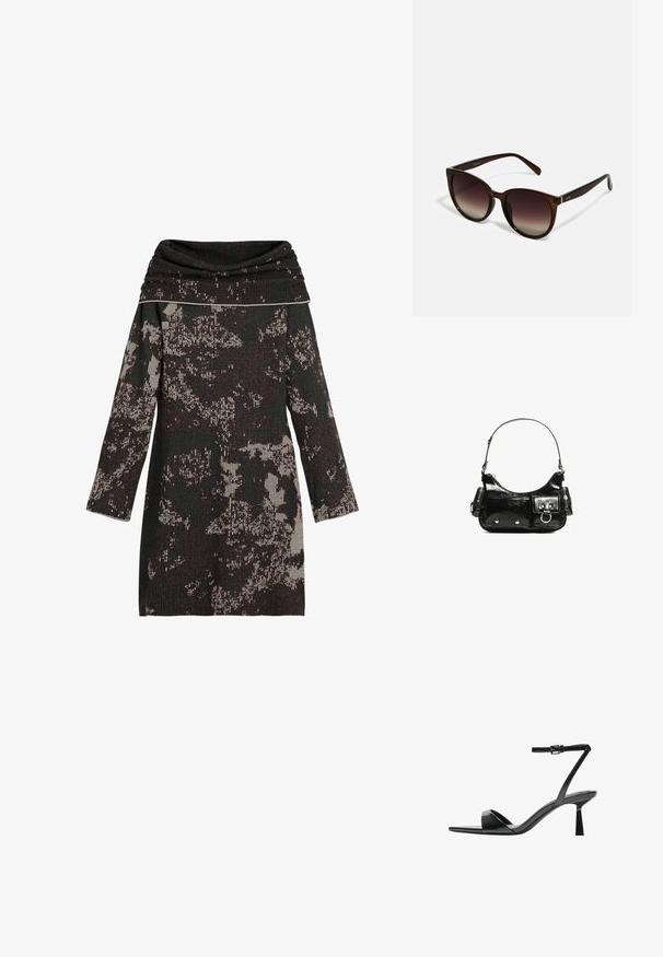 Pletené šaty s výstrihom do cowl, s čierno-béžovými abstraktnými vzormi, dlhými rukávmi a textúrovaným rebrovaným materiálom.; Bershka Sandále na vysokom opätku - black; Hnedé slnečné okuliare s veľkými okrúhlymi sklami, lesklé rámčeky zo želvoviny a štíhle ramienka s jemnými kovovými akcentmi.; Čierna laková kožená kabelka s ohnutým tvarom, jedným ramenným popruhom, prednými vreckami a striebornými kovovými doplnkami.