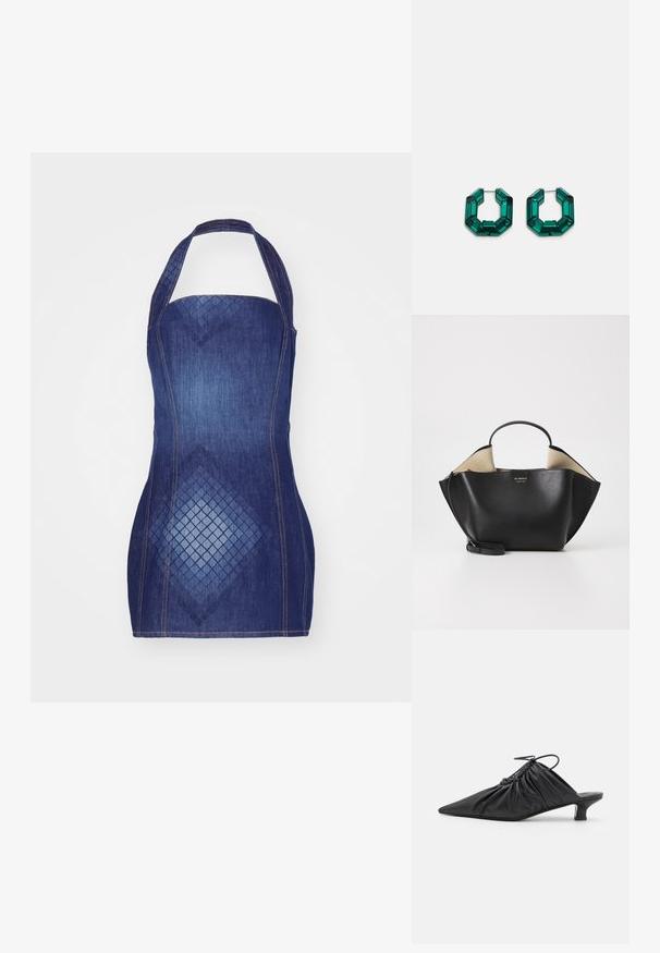 Mörkblå denim halterneckklänning med en figurnära design och diamantmönster framtill. Utsmyckad med kontrasterande sömmar.; Svarta läder slip-on mules med spetsig tå, sammanknipen textur och en liten kitten heel. Har en dragsnörningsdetalj vid öppningen.; Ree Projects ANN TOTE MINI - Handväska - black; Gröna akrylörringar i en oktagonal form med facetterade kanter, med en metallspänne för säker förslutning.