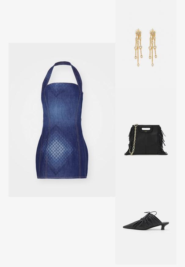 Tum pela huppukasikat blue tume, millel on kehajooneline disain ja ees diamantrutatsioon. Tootel on kontrastsed õmblused.; Mustat nahkaiset liukukengät teräväkärkisillä, kerätyillä yksityiskohdilla ja pienellä kissan korolla. Avauksessa on narukiinnitys.; Musta nahkakäekott, millel on frantsiisidetailid, kuldne õlgade rihm ja lõikega käepide. Ees on logo paigutus.; Kultaketjua roikkuvat korvakorut, joissa on useita putoavia ketjuja, ja selkeitä ovaaleja rhinestone-akselteja sekä koristeelliset niittitoppaukset.