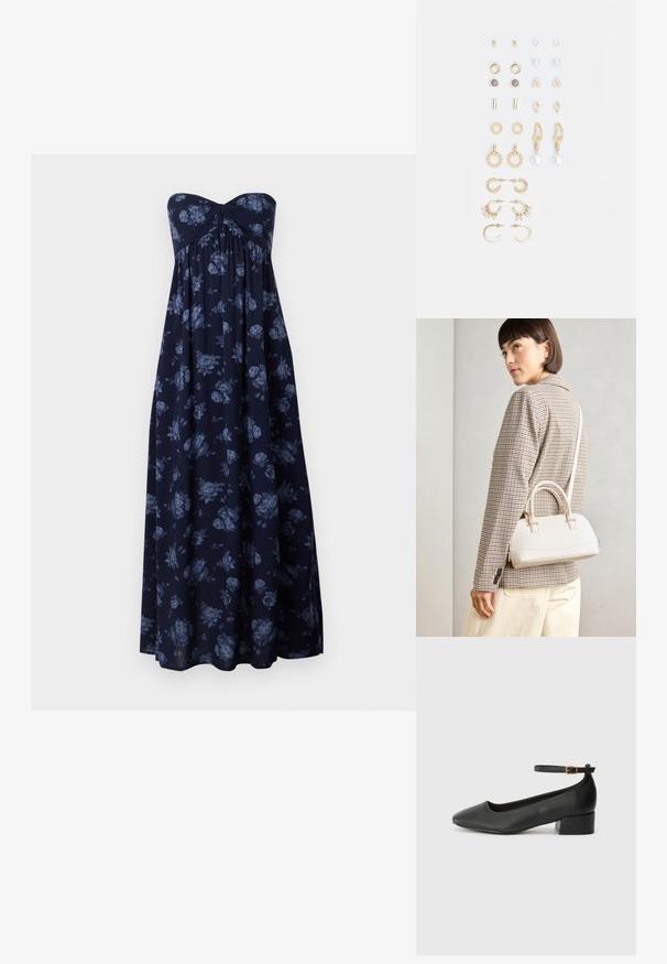 Toll nélküli maxi ruha tengerészkék alapszínnel, kék virágmintával, gyűrött mellrésszel és lágyan vonuló sziluettel. Puha anyag, sima tapintású.; Fekete bőr magassarkú cipő hegyes orral és alacsony tömb sarkal. Bokapánttal rendelkezik, aranyszínű csattal. Simább textúra.; Fehér, strukturált kézitáska rövid füllel és vállpánttal, arany színű fém kiegészítőkkel és texturált anyagból, szürke háttér előtt bemutatva.; Arany tónusú fülbevalók szettje, amely különféle mintákat tartalmaz, beleértve a stift fülbevalókat, karikákat és gyöngyökkel és strasszokkal díszített hosszú fülbevalókat.