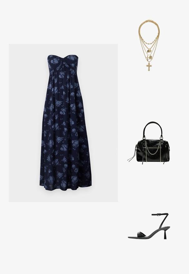 Bezramenné maxi šaty v námorníckej modrej farbe s modrým kvetinovým vzorom, s nazhromaždeným výstrihom a voľným strihom. Mäkká tkanina s hladkou textúrou.; Bershka Sandále na vysokom opätku - black; Bershka WITH CHAIN - Kabelka - black; Zlatý viacvrstvový náhrdelník s rôznymi dĺžkami reťazí, dekoratívnymi pendantmi vrátane krížov a obdĺžnikových šarmov, s textúrovaným povrchom.