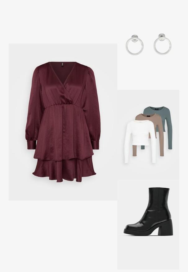 Burgundská zavinovacia šaty s dlhými puff rukávmi, vrstveným volánom a textúrovaným, hladkým povrchom. V-dekoltový dizajn zvýrazňuje tvar.; Tričko s dlhým rukávom v crop štýle, poskladané jedno na druhé v bielej, béžovej a tlmenej morskej farbe, s okrúhlym výstrihom na svetlo šedom pozadí.; Čierne členkové topánky s lesklým povrchom, štvorcovou špičkou a širokým blokovým opätkom. Dizajn sa vyznačuje bezšvovou siluetou a minimálnym brandingom.; Strieborné kovové náušnice vo forme kruhov s brúsenou textúrou, so zaobleným dizajnom a priehľadným zarážkou pre bezpečné nosenie.
