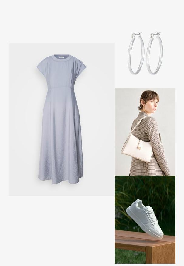 Hele sinine, lühikeste varrukatega maksikleit, millel on sobiv bodice ja lahti, voolav seelik. Valmistatud pehmest, veidi kortsusest kangast.; Valged sneakerd, millel on sile sünteetiline ülemine osa, väikeste aukudega varvaskast, lamedad paelad ja tekstuuriga tald, eksponeeritud puidust pinnal.; Valge nahast käekott struktureeritud disainiga, millel on magnetlukk ja õlavarre rihm, esitletud neutraalse tausta ees.; Hõbedased rõngaskõrvarõngad, millel on sile, läikiv viimistlus. Ümmargune kuju ja turvaline klõpsulatus. Kerge disain, sobib igapäevaseks kandmiseks.