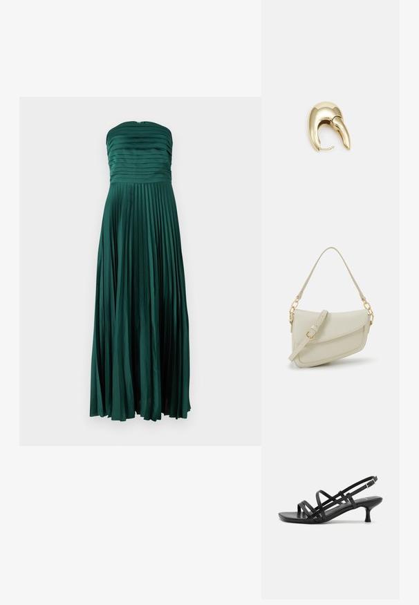 Stropfri, gulvlængde kjole i dyb grøn. Lavet af satin med plisseret tekstur, med en tætsiddende overdel og flydende nederdel.; Sorte hælede sandaler med flere krydsede stropper. Glat materiale, spids tå og smal hæl. Justerbar ankelrem med spænde.; Lille cremehåndtaske med tekstureret overflade, en lang justerbar rem, en kædeaccent og flaplukning. Detaljer i guldhardware.; Guldtonet metal ørering med et slankt, buet design. Har en karakteristisk spids form, poleret overflade og hængselåbning.