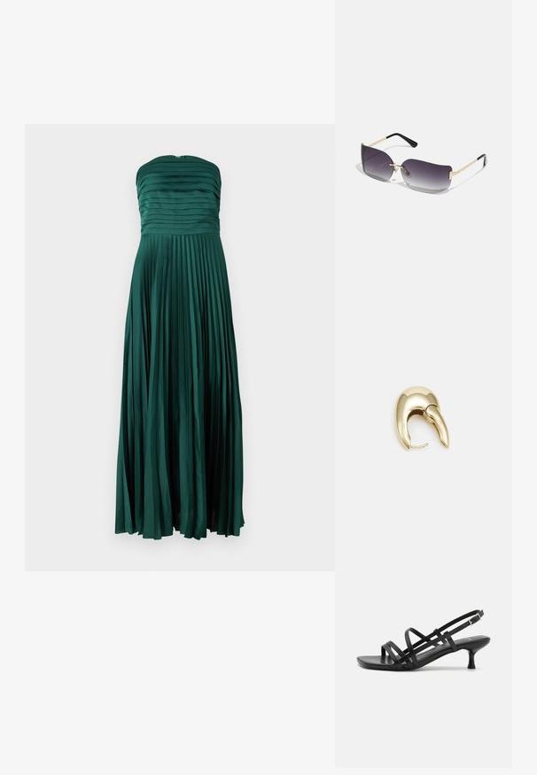 Strapless, floor-length dress in deep green. Made of satin with pleated texture, featuring a fitted bodice and flowing skirt.; Black heeled sandals with multiple crisscross straps. Smooth material, pointed toe, and narrow heel. Adjustable ankle strap with buckle.; Sunglasses with a gray gradient lens, gold metal frame, and black plastic accents. Unique butterfly-shaped lenses with thin arms.; Gold-tone metal earring with a sleek, curved design. Features a distinctive pointed shape, polished surface, and hinge closure.