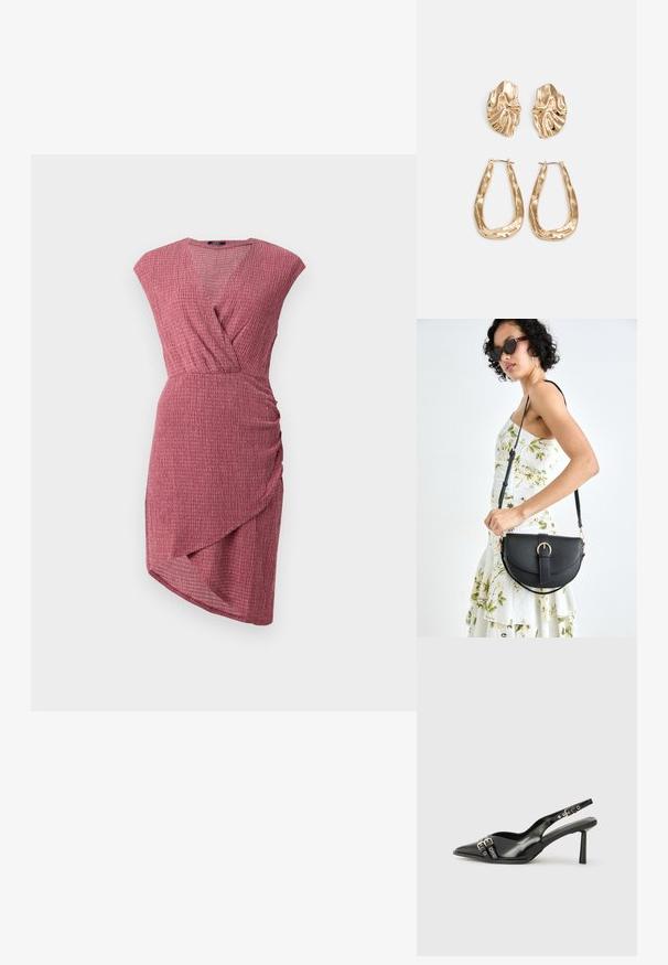 Raspberry-colored dress with a textured finish, featuring a wrap design, cap sleeves, and a side ruching detail with an asymmetrical hem.; Black patent leather slingback shoe with pointed toe, ankle straps featuring silver buckles and hardware, and a slender heel.; Black leather handbag with a curved shape, detachable strap, and gold hardware. The bag features a flap with a buckle detail.; Gold-tone earrings featuring textured, wavy shapes. Includes sculptural clip-on studs and open hoop design with a hammered finish.