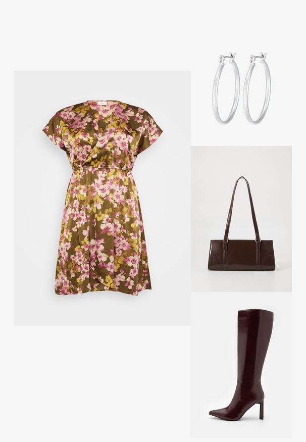 Blumenkleid in Braun mit rosa und gelben Blumen, kurzen Kapellärmelchen, V-Ausschnitt und einem elastischen Bund für eine lockere Passform.; Even&Odd Stiefel - dark red; Braune Lackleder-Handtasche in rechteckiger Form, mit zwei langen Griffen und subtilen, geschwungenen Akzenten auf der Vorderseite.; Silberne Creolen mit einer glatten, polierten Oberfläche. Runder Form und sicherem Klickverschluss. Leichtes Design, geeignet für den täglichen Gebrauch.