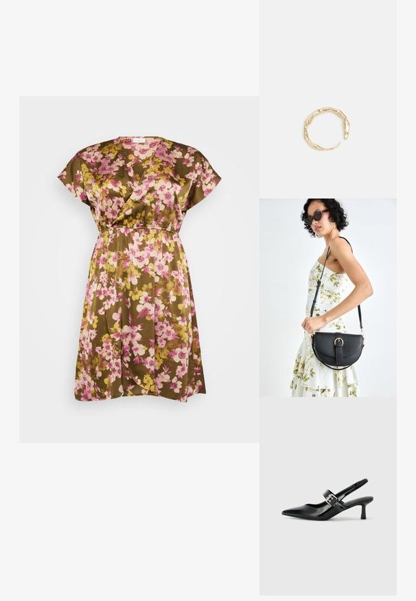 Blumenkleid in Braun mit rosa und gelben Blumen, kurzen Kapellärmelchen, V-Ausschnitt und einem elastischen Bund für eine lockere Passform.; Schwarze Lackleder Slingback-Absätze mit spitzem Zeh und kleinem Blockabsatz, ausgestattet mit einem silbernen Schnallenakzent am Riemen.; Schwarze Lederhandtasche mit geschwungener Form, abnehmbarem Tragegurt und goldenen Beschlägen. Die Tasche verfügt über einen Deckel mit einer Schnallen-Details.; Goldfarbener Ring mit einem organischen, gedrehten Design, glatter Oberfläche und sich verjüngenden Enden, was ein modernes, skulpturales Erscheinungsbild erzeugt.