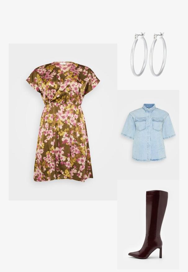 Cvečna obleka v rjavi barvi z rožnatimi in rumenimi cvetovi, kratki rokavi, V-izrez in elastičen pas za sproščen fit.; Svetlo modra denim srajca s kratkimi rokavi, ki ima dva sprednja žepka in je okrašena z majhnimi srebrnimi žebljički.; Even&Odd Škornji - dark red; Srebrni obroči za ušesa z gladko, polirano površino. Okrogla oblika in varna zaponka s klikom. Lahka zasnova, primerna za vsakodnevno nošenje.