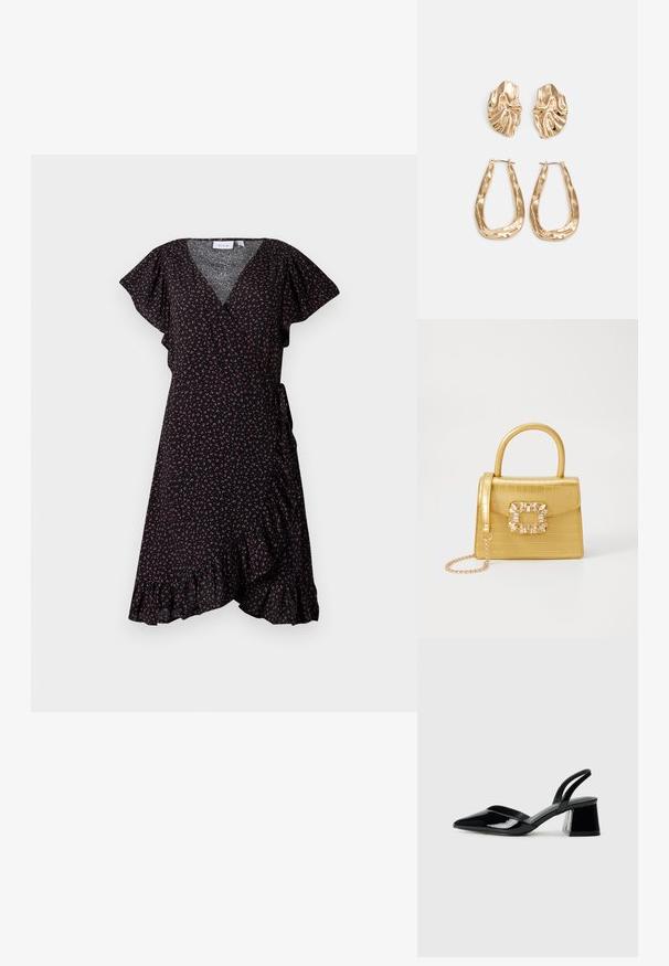 Črna obleka z zavihkom, kratkimi letečimi rokavi, majhen cvetlični vzorec v odtenkih roza in bele, valovit rob, izdelana iz lahkega materiala.; Črne lakirane slingback pete s koničastim nosom in geometrijsko blokasto peto. Imajo eleganten, minimalističen dizajn in gladko teksturo.; Rumeno usnjeno-usnje z vzorcem krokodila, s strukturiranim dizajnom, zgornjo ročajem, snemljivo verižico in dekorativnim kristalnim okrasjem na zaponki.; Zlato obarvani uhani z teksturiranimi, valovitimi oblikami. Vključujejo skulpturalne sponke za ušesa in odprto obliko obročka s kladivastim finišem.