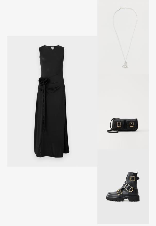 Juodas be rankovių suknelė, pagaminta iš lygaus audinio, su surinkta šone detalė ir dekoratyviu audinio rože prie liemens.; Juodas odinis kulkšninis batas su masyviu padu, turintis kelias juostas ir auksinius aksesuarus. Lygi tekstūra, tvirtas dizainas.; Juodas odinis per petį nešiojamas krepšys su dviem priekiniais kišenėmis, auksiniais sagtimis, užtrauktuko uždarymu ir siauromis petnešomis. Textūruota paviršius ir kompaktiškas stačiakampis formatas.; Sidabro grandinėlė su raketos pakabuku, kuriame yra apvalus deimanto formos akmuo ir apvalus pagrindas. Išbaigtas ir poliruotas paviršius.