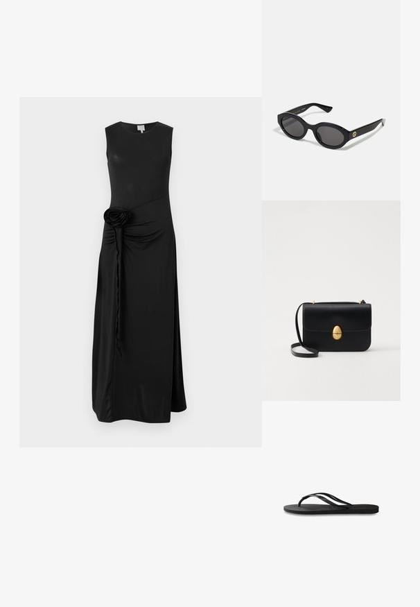 Černé bezramínkové šaty z hladkého materiálu, s nařaseným bočním detailem a dekorativní látkovou růží na pásku.; Černé žabky s texturovanou gumovou podrážkou, dvěma štíhlými popruhy a jemným, embosovaným logem na popruhu.; Černé oválné sluneční brýle s tmavými skly a lesklým plastovým rámem. Obsahují zlaté logo na straně, které poskytuje elegantní a moderní design.; Černá kožená kabelka se strukturovaným obdélníkovým tvarem. Obsahuje zlatou oválnou sponu a tenký ramenní popruh. Hladký povrch.