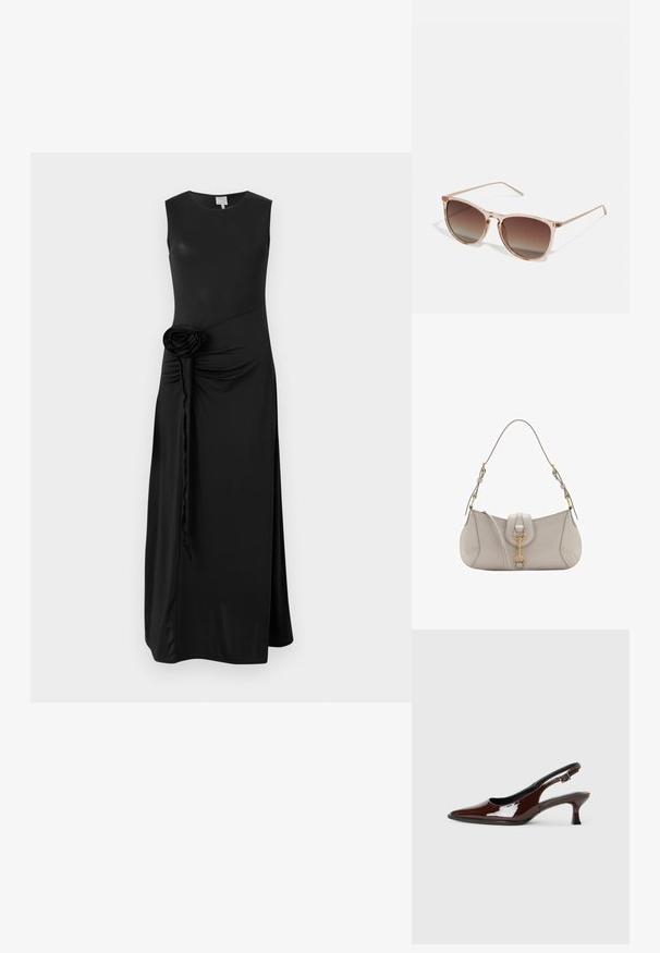 Črna brezrokavna obleka iz gladkega blaga, ki se ponaša z nabranim stranskim detajlom in dekorativno tkaninsko rožo na pasu.; Rjavi lakirani slingback čevelj z ostro konico in zmerno peto. Ima zaponko za varno prileganje. Gladka tekstura.; Rjavi gradient sončna očala s prozornim roza okvirjem, kvadratne oblike in tankimi kovinskimi ročaji. Imajo zaobljene robove in minimalne detajle.; Svetlo siva usnjena torbica s ukrivljeno obliko, zlato kovinsko dodatki, sprednji sponka in šivani detajli. Vključena nastavljiva naramnica.