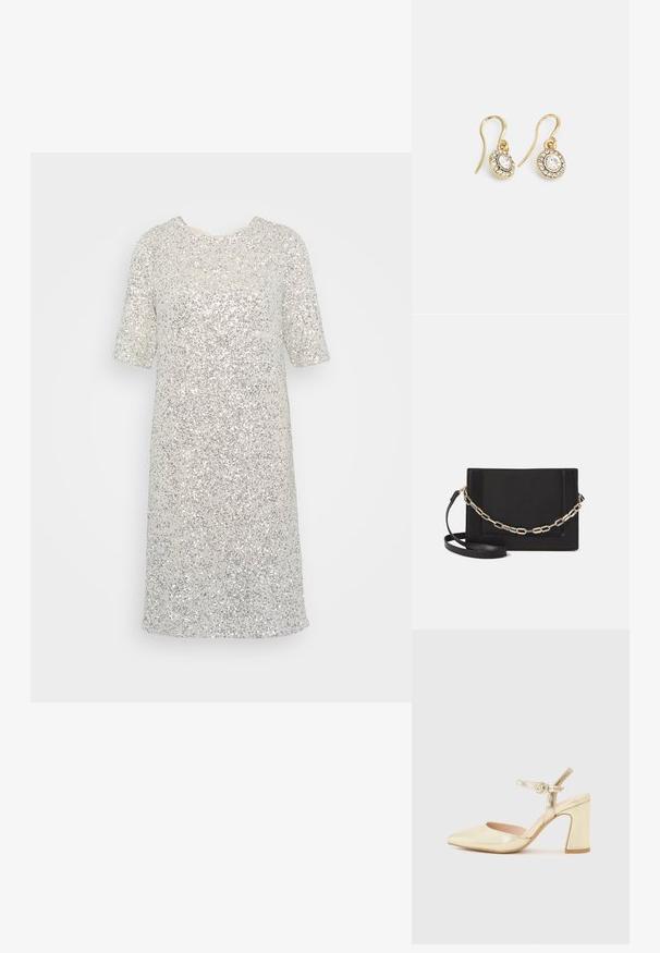 Sudraba paildzinātā kleita ar īsām piedurknēm, ceļa garuma dizains, apaļa apkakle un spīdīga tekstūra, kas piemērota oficiālām norisēm.; Zelta metāla augstpapēžu kurpes ar norādītu purngalu, potītes siksniņu ar apaļo aizdari un masīvu papēdi. Gluda tekstūra.; Melna ādas crossbody soma ar gludu faktūru, taisnstūrveida formu un metalizētu ķēdes detaļu priekšā. Iekļauta regulējama siksna.; Zelta tonī veidotas auskaru piekariņi ar ovālu izgriezumu caurspīdīgām kristālēm, kuras ieskauj mazākas caurspīdīgas akmeņu daļiņas, ar āķveida dizainu drošai valkāšanai.
