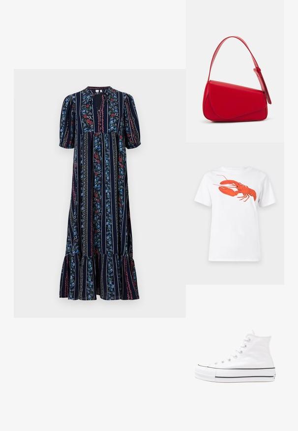 Marine maxi-kjole med blomster mønstre, korte puff ermer, en knytning ved halsen og lagdelt volangkant. Loddrette striper i kontrasterende farger.; Hvit bomull t-skjorte med et stort, lyst rødt hummermotiv på fronten. Korte ermer og standard rund hals-design.; Hvit høy-skinn kanvas sneakers med svart gummisåle, gummitåhette foran og seks hull for snorer, med et rent, minimalistisk design.; Rød lærveske med en vinklet, geometrisk design. Har en enkelt justerbar stropp og en klaffelukking med sydd detaljer.