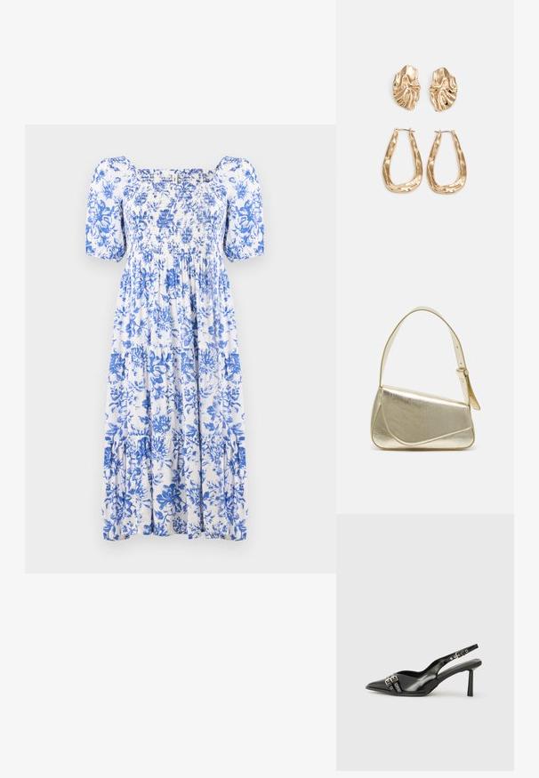 Kukallinen mekko valkoisena ja sinisenä, jossa on kirjottu yläosa, lyhyet puffatut hihat ja kerroksellinen helma. Valmistettu kevyestä kankaasta.; Musta patenttinen nahkainen slingback-kengät, joissa on terävä nenä, nilkkahihnat hopeisilla soljilla ja varusteilla sekä hoikka korko.; Kultainen metallinen käsilaukku, jossa on jämäkkä muotoilu, sileä pinta ja säädettävä olkahihna. Sisältää ainutlaatuisen kolmiomaisen muodon ja minimalistisen tikkaustyylin.; Korukultainen korvakorut, joissa on teksturoituja, aaltoilevia muotoja. Mukana on veistokselliset klipsikorvakorut ja avoin rengasmalli, jossa on vasaroitu pinta.