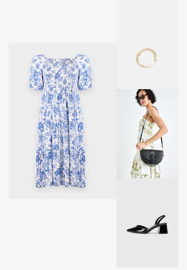 Haljina s cvjetnim uzorkom u bijeloj i plavoj boji, s nabranim korzetom, kratkim napufanim rukavima i slojevitim rubom. Izrađena od lagane tkanine.; Crne lakirane kožne sandale s otvorenom petom i špicastim vrhom, s geometrijskom blok petom. Imaju elegantan, minimalistički dizajn i glatku teksturu.; Crna kožna torba s lukovitim oblikom, odvojivim remenom i zlatnim detaljima. Torba ima preklop s kopčom.; Prsten u zlatnoj nijansi s organskim, uvijenim dizajnom, glatkom teksturom i suženim krajevima, koji stvara moderan, skulpturalni izgled.