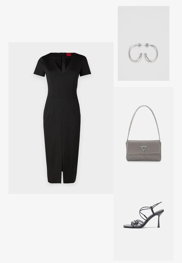 Melna pieguļoša kleita ar īsām piedurknēm, v-veida izgriezumu, priekšējo šķēlumu un strukturētu dizainu. Izgatavota no gludas, elastīgas auduma. Redzams birka.; Melnas augstpapēžu sandales ar plāniem siksniņām un mezgla dizainu, gluda kvadrātveida purngalu un elegantu stiletto papēdi.; Gaiši pelēka metāla rokassoma ar ķēdes siksnu, rotāta ar mazām apaļām metāla kniedēm un trīsstūra zīmola logo.; Sudraba riņķveida auskari ar gludu, spīdīgu apdari. Apaļas formas, viegla dizaina, ar aizdari uz stieples.