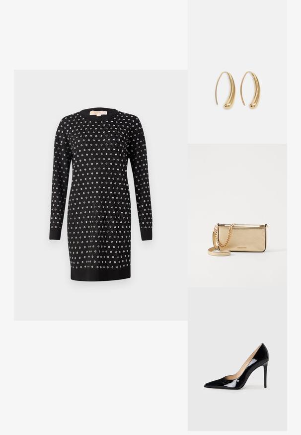 Rochie neagră cu mâneci lungi și decolteu rotund, împodobită cu ochiuri metalice argintii aranjate uniform într-un model punctat pe întreaga suprafață.; Pantofi cu toc înalt din piele patent neagră, cu un design cu vârf ascuțit și o siluetă elegantă. Prezintă un finisaj neted și strălucitor și un toc subțire de tip stiletto.; Clutch din piele aurie metalizată, cu un finisaj texturat, având o curea din lanț aurie și o curea pentru umăr detașabilă. Logo-ul brandului embosat.; Cercei din metal auriu, cu un design curbat și alungit. Au o suprafață netedă și strălucitoare, cu un vârf rotunjit pentru un detaliu suplimentar.