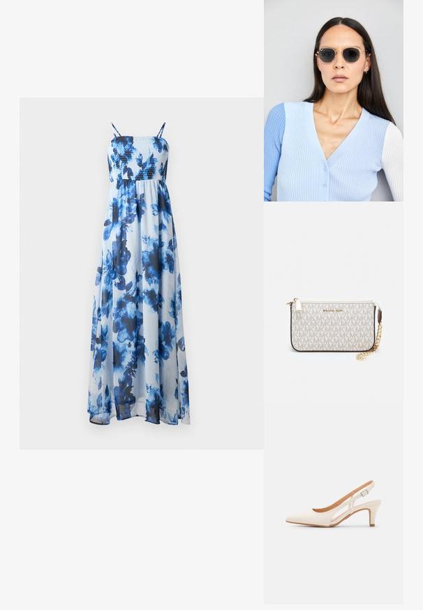 Μάξι φόρεμα με λουλούδια σε αποχρώσεις του μπλε, διαθέτει σμίγμενη μπλούζα και λεπτές τιράντες, φτιαγμένο από ελαφρύ, διάφανο ύφασμα.; Λευκή γόβα slingback με μυτερή μύτη, λείο υλικό επάνω, χαμηλό τετράγωνο τακούνι και σχέδιο με κοπή στο πλάι με ρυθμιζόμενο λουρί κουμπώματος.; Στρογγυλά γυαλιά ηλίου με σκούρους φακούς και χρυσά σκελετό. Το μοντέλο φοράει ένα ανοιχτό μπλε, ριχτό cardigan με κουμπιά και αντίθετους λευκούς μανίκες.; Πορτοφόλι Michael Kors σε μπεζ επεξεργασμένο καμβά με επαναλαμβανόμενο μοτίβο λογοτύπου MK, χρυσές λεπτομέρειες και αποσπώμενη αλυσίδα.