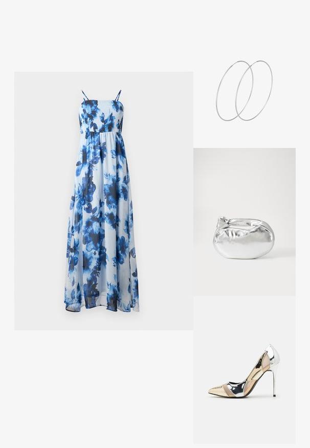 Maxi šaty s květinovým vzorem v odstínech modré, s nařaseným korzetem a tenkými ramínky, vyrobené z lehké, průsvitné látky.; Lodička s špičatou špičkou a kombinací stříbrné, zlaté a tělové barvy. Lesklý povrch s vykrojeným designem, s jehlovým podpatkem.; Stříbrná kovová taška s měkkým, zaobleným tvarem a uzávěrem s uzlem. Vyrobena z hladké umělé kůže.; Stříbrné kruhové náušnice s minimalistickým designem. Kruh, hladký povrch a tenký profil. Lehká konstrukce s lesklým povrchem.