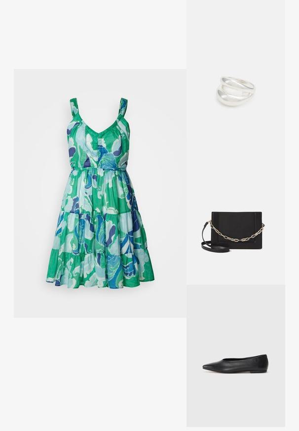 Topless kleita ar V veida kakla izgriezumu, slāņotu svārku, kurai ir zaļš, zils un violets ziedu raksts uz viegla auduma.; Melna ādas baleta kurpe, ar norādītu purngalu, minimālisma dizains, gluda tekstūra, zema papēža augstums, bez redzamiem aksesuāriem vai rotājumiem.; Melna ādas crossbody soma ar gludu faktūru, taisnstūrveida formu un metalizētu ķēdes detaļu priekšā. Iekļauta regulējama siksna.; Sudraba divu joslu gredzens ar gludu, pulētu virsmu. Iezīmējas ar plūstošu, izliekta dizaina struktūru ar pārklājošām sekcijām modernam izskatam.