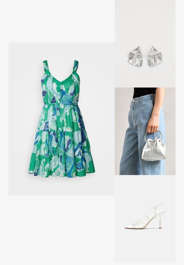 Sleeveless dress with a v-neck, layered skirt, featuring a green, blue, and purple floral pattern on a lightweight fabric.; White strappy high-heeled sandal with a flat toe base, textured front with gathered accents, and a slim ankle strap.; Metallic silver bucket bag with a textured finish, adorned with a silver round handle and drawstring closure, held against light blue jeans.; Silver metal earrings with a wavy, sculptural design featuring a polished finish and irregular shapes, highlighting a contemporary aesthetic.