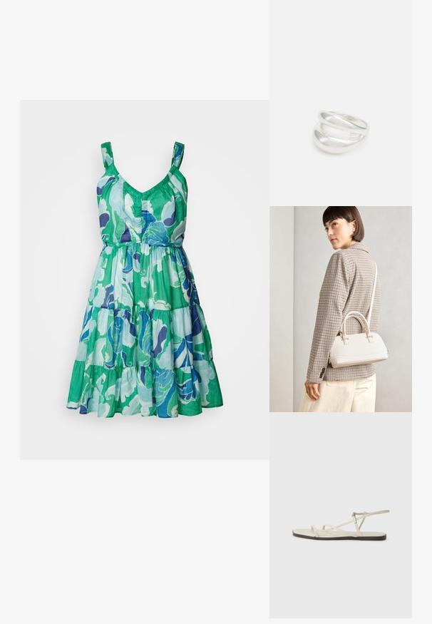 Šaty bez rukávov s výstrihom do V a vrstvenou sukňou, s kvetinovým vzorom v zelenej, modrej a fialovej farbe na ľahkej látke.; Béžové ploché sandále s viacerými štíhlymi popruhmi a nastaviteľnou prackou. Podrážka je plochá s jemným tmavým kontrastom na okraji.; Biela štruktúrovaná kabelka s krátkymi rúčkami a ramenným popruhom, s zlatými kovovými prvkami a textúrovaným materiálom, vystavená na šedom pozadí.; Strieborný prsteň s dvojitým pásikom s hladkým, lesklým povrchom. Má plynulý, zakrivený dizajn s prekryvajúcimi sa časťami pre moderný vzhľad.