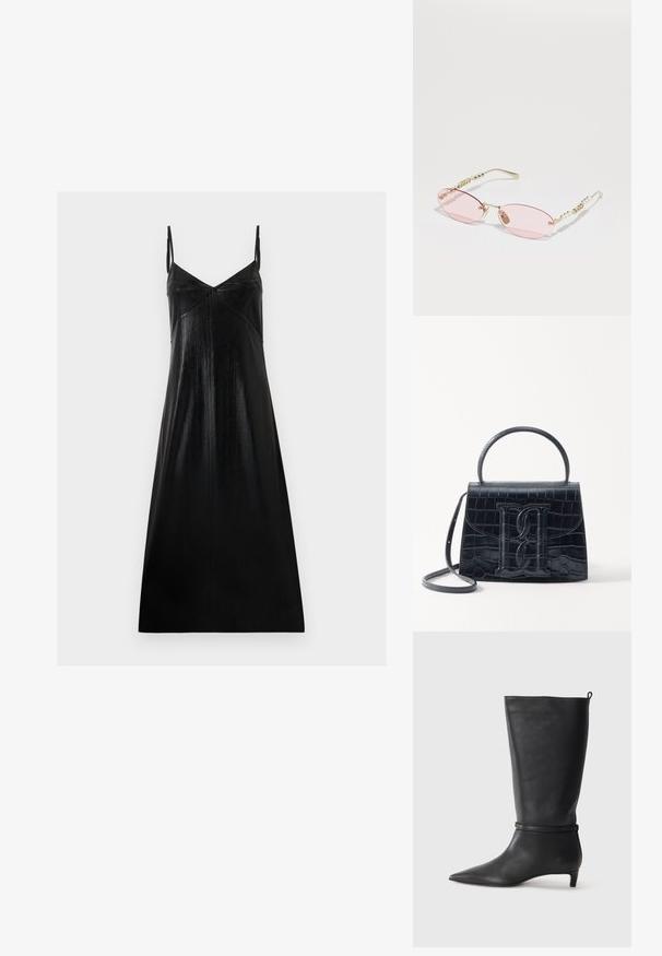 Schwarzes ärmelloses Kleid mit leichtem Glanz, V-Ausschnitt und minimalistischer Gestaltung. Hergestellt aus glattem, strukturiertem Stoff, der locker fällt.; Schwarze Lederkniehohe Stiefel mit spitzem Zehen, akzentuiert durch einen runden Riemen um das Knöchel und einen niedrigen, tapernden Absatz. Glatte Textur.; Gucci Sonnenbrille - gold-coloured/pink; Schwarze Handtasche aus Krokodilprägung mit strukturiertem Design, Oberhandgriff, verstellbarem Tragegurt und einem auffälligen Logo-Detail auf der Vorderseite.