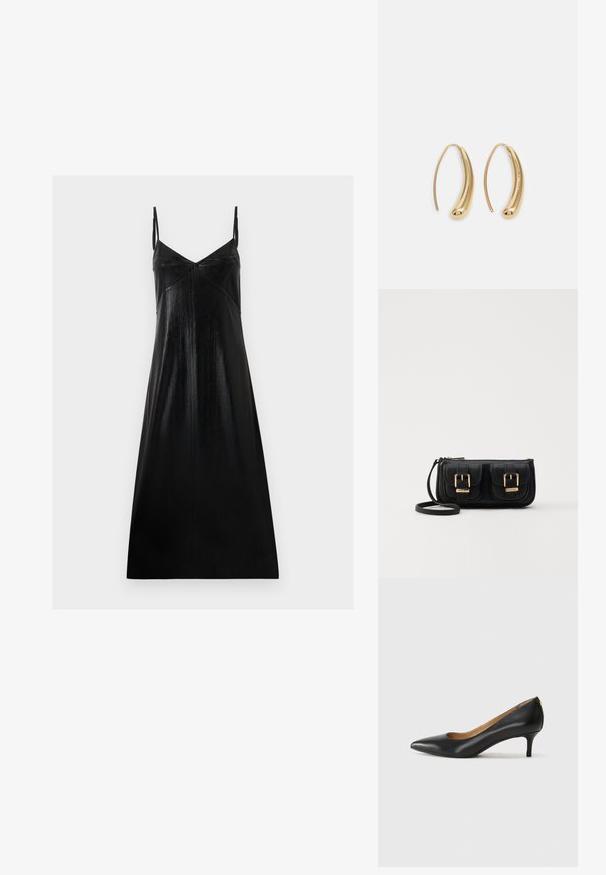 Svart ermeløs kjole med lett glans, V-formet utringning og minimalistisk design. Laget av glatt, teksturert stoff, faller løst.; Sorte lærpumpe med spiss tå, lav hæl og en glatt tekstur. Har en liten åpning foran og minimalt med beslag bak.; Svart skinn crossbody veske med to frontlommer, gyldne spenner, glidelåslukking og en slank stropp. Teksturert overflate og kompakt rektangulær form.; Gullfargede metalløredobber med en buet, forlenget form. Har en jevn, blank overflate og en avrundet tupp for ekstra detaljer.