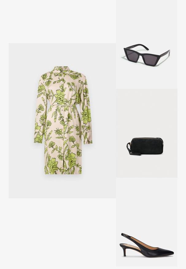 Απαλό μπεζ φόρεμα με μοτίβο πράσινων λουλουδιών σε όλη την επιφάνεια, με γιακά, μακρύ μανίκι, ζώνη στη μέση και σχέδιο με κουμπιά μπροστά.; Μαύρο δερμάτινο γόνατο με καμπανάκι και μυτερή μύτη, χαμηλό τακούνι και λεία υφή. Διαθέτει ανοιχτό πίσω σχέδιο και ελάχιστες ραφές.; Μαύρα, γωνιώδη γυαλιά ηλίου με γκρι φακούς; κατασκευασμένα από πλαστικό, με χοντρές βραχίονες με λεία επιφάνεια και χωρίς ορατό μηχανισμό.; Μαύρη σουέτ τσάντα clutch με φερμουάρ και αποσπώμενο λουρί καρπού. Διαθέτει χρυσές λεπτομέρειες και λεία, ματ υφή.