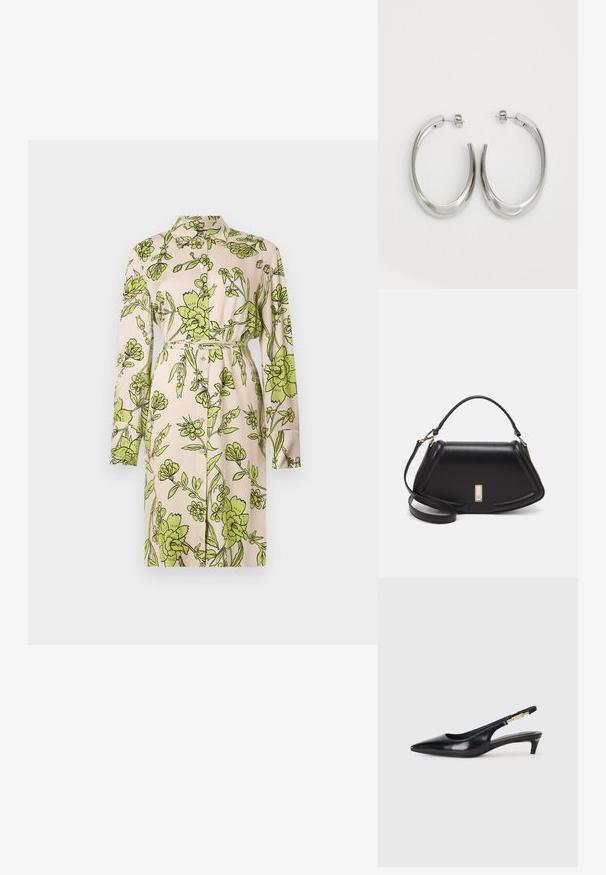 Abito beige chiaro con un motivo floreale verde su tutta la superficie, con colletto, maniche lunghe, vita cintrata e chiusura a bottoni.; Tacchi slingback in pelle nera con punta affusolata, caratterizzati da un tacco alto e un accento dorato sulla cinghia regolabile. Texture liscia.; Borsa a mano in pelle nera con un design strutturato, caratterizzata da una forma corta, manico superiore e accessori in metallo dorato. Inclusa tracolla regolabile.; Orecchini a cerchio argentati con un design liscio e curvo. Presentano una finitura metallica lucida e una chiusura a perno. Nessun motivo o accentuazione visibile.