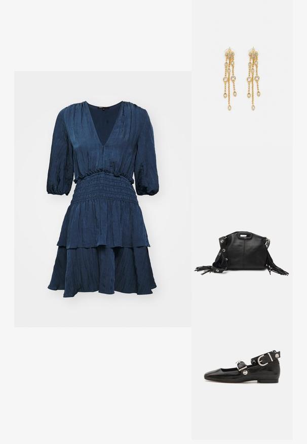 Morska haljina s V-izrezom, balonskim rukavima i smirenim strukom. Sadrži suknju s više slojeva od teksturirane tkanine.; Crne lakirane balerinke sa četvrtastim vrhom, remenom oko zapešća sa srebrnim detaljima i ravnim đonom. Glatka tekstura s minimalističkim dizajnom.; Maje MISS MINI - Torba preko tijela - noir; Zlatne naušnice s višestrukim kaskadnim lancima, s prozirnim ovalnim cirkonima i dekorativnim šiljcima na vrhu.