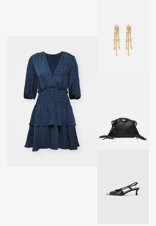 Tumesinine kleit V-kaelusega, puffy varrukatega ja elastse taljega. Omab kihilist seelikut tekstuuriga kangast.; Must must kottislingidega must nahkne king, millel on terav varvas ja kuldne metallist kapuuts. Omab lõikekujundust ning peaõhuke konts koos reguleeritava rihmaga.; Maje MISS MINI - Ülerinna-kott - noir; Kuldne tooni kõrvarõngad mitme voolava ahelaga, millel on selged ovaalsed rhinestone aktsendid ja dekoratiivsed stud-tippud.