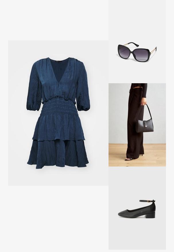 Námornícky modré šaty s výstrihom do V, balónovými rukávmi a smúteným pásom. Majú vrstvenú sukňu s textúrovanou tkaninou.; Čierne kožené lodičky s špicatou špičkou a nízkym blokovým podpätkom. Obsahuje remienok okolo členka so zlatým prackou. Hladký povrch.; Čierne oversized slnečné okuliare s gradientovými sklíčkami, hrubými rámami a zlatým retiazkovým detailom na stranách.; Čierna kabelka so štruktúrovaným tvarom, hladkou textúrou a kovovou sponou. V kombinácii so širokými čiernymi nohavicami a sandálmi s otvorenou špičkou na drevenej podlahe.