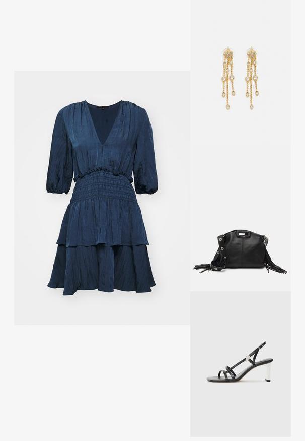 Tumši zila kleita ar V veida kaklu, balona piedurknēm un smockētu jostasvietu. Iezīmējas ar slāņotu svārku, kas izgatavots no teksturēta auduma.; Melni papēžu sandales ar vairākiem šauriem siksniņām, slingback dizains un sudraba akcenti uz papēža. Gluda augšējā materiāla un kvadrātveida papēdis.; Maje MISS MINI - Plecu soma - noir; Zelta tonī auskari ar vairākiem kaskādes ķēdēm, kas rotāti ar caurspīdīgiem ovāliem rhinestone akcentiem un dekoratīvām pīrsingiem.