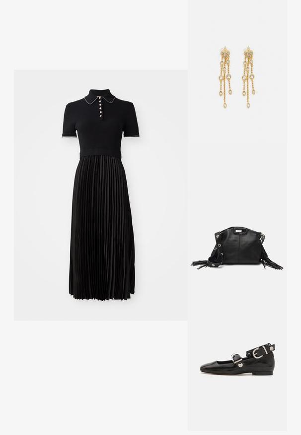 Abito nero con top a maniche corte a costine e gonna plissettata in satin. Presenta un colletto e bottoni decorativi sul davanti.; Scarpa flat in vernice nera con punta quadrata, cinturino alla caviglia con hardware in argento e suola piatta. Texture liscia con design minimalista.; Maje MISS MINI - Borsa a tracolla - noir; Orecchini dorati con molteplici catene a cascata, dotati di accenti in strass ovali trasparenti e parte superiore decorativa a perno.