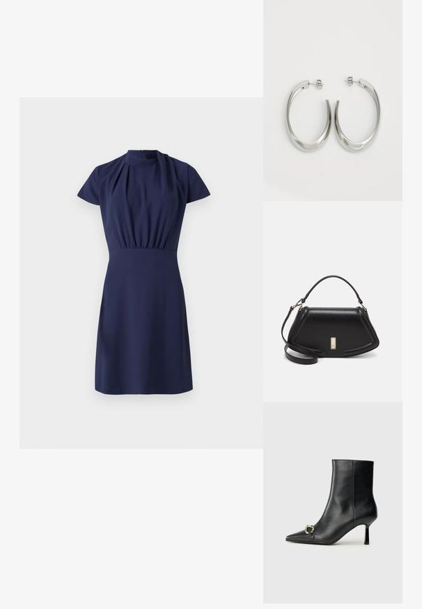 Jūrininkų stiliaus suknelė trumpomis rankovėmis, aukšta iškirpte ir sukaupta juosmeniu. Lygus audinys ir iki kelių siekiantis sijonas su paslėptu užtrauktuku nugaroje.; Juodas odinis apavas iki kulkšnies su smailiu nosiu, plonu vidutinio aukščio kulnu ir sidabriniu sagties akcentu šone, prieš paprastą foną.; Juoda odinė rankinė su struktūrizuotu dizainu, turi trumpą formą, viršutinę rankeną ir auksinius akcentus. Pridėtas reguliuojamas peties diržas.; Sidabriniai apvalūs auskarai su lygiu, išlenktu dizainu. Yra blizgus metalinis paviršius ir smeigtukų uždarymas. Nėra matomų raštų ar akcentų.