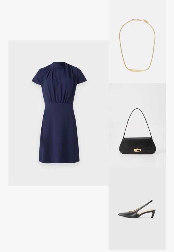 Mornarica haljina s kratkim rukavima, visokim izrezom i naboranim strukom. Glatka tekstura i dužina do koljena s skrivenim zatvaračem na leđima.; Crne cipele s izduženim vrhom i remenom oko pete, s niskom petom, izrađene od glatke kože i s izrezbarenom stranom radi prozračnosti.; Crna kožna torba s zakrivljenim dizajnom, zlatnim detaljima i gornjom drškom. Ima elegantno zatvaranje i glatku teksturu.; Ogrlica s pozlatom s glatkim, zakrivljenim središnjim naglaskom. Ima fleksibilnu kariku sa kopčom na mačju i dodatne podesive karike.
