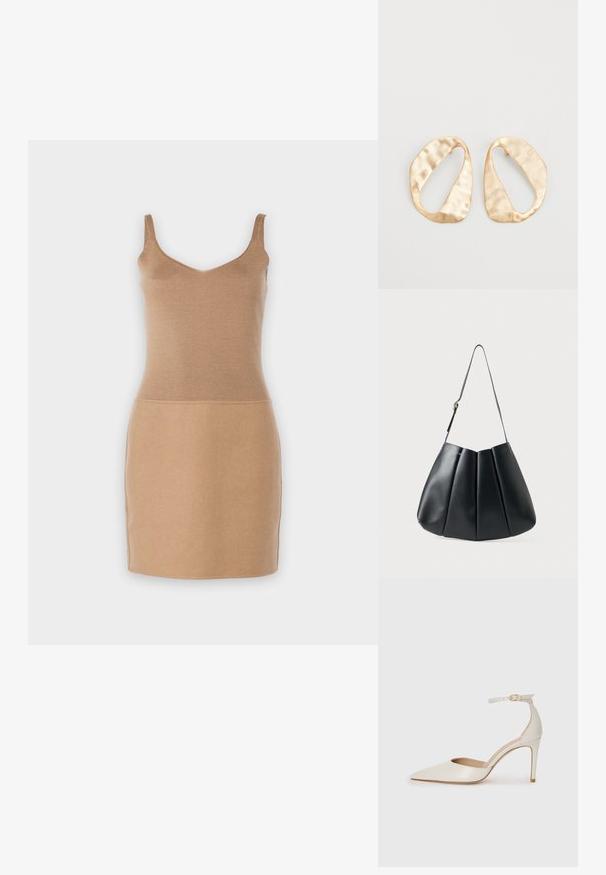 Strikket ærmeløs kjole i lysebeige. Har en tætsiddende liv og lige skørt design. Glat tekstur med en simpel, elegant silhuet.; Hvide læder højhælede sko med spids tå, ankelrem og en slank stiletto-hæl. Glat tekstur med subtilt glansfuld finish.; Sort læder skuldertaske med plisseret design, glat tekstur, enkelt strop og en diskret guldhardware accent.; Et par uregelmæssige ovalformede øreringe i guldtonet metal med en tekstureret, let hamret overflade på en hvid baggrund.