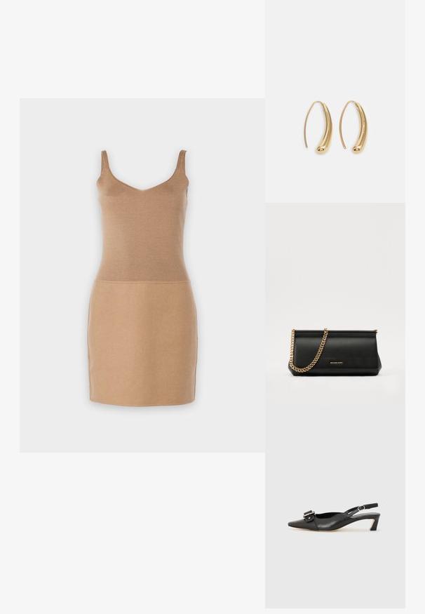 Adīta bez piedurknēm kleita gaiši bēšā krāsā. Iezīmēta ar pielāgotu augšdaļu un taisnu svārku dizainu. Gluda tekstūra ar vienkāršu, elegantu siluetu.; Melnas ādas siksnu kurpes ar smailu pirkstu, nelielu papēdi un dekoratīvu sprādzi augšdaļā. Gluda tekstūra, minimālistisks dizains.; Melns ādas apliecības soma ar zelta ķēdes siksnu, ar gludu tekstūru, taisnstūra formu un izspiestu zīmolu uz priekšpuses.; Zelta toņu metāla gredzena auskari ar izliektu, pagarinātu formu. Ar gludu, spīdīgu virsma un noapaļotu galu papildu detaļām.