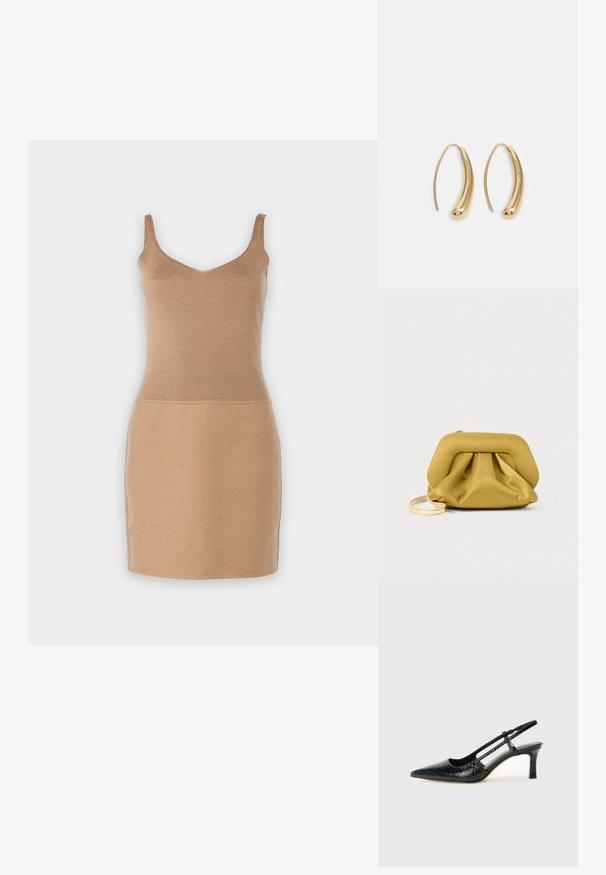 Strickloses Kleid in hellem Beige. Hat ein tailliertes Oberteil und ein gerades Rockdesign. Glatte Textur mit einer einfachen, eleganten Silhouette.; Schwarze Lack-Slingback-Pumps mit spitzem Zehenbereich, versehen mit strukturiertem Schlangenprint, verstellbarem Riemen und einem kurzen, strukturierten Blockabsatz.; Gelbe, weich strukturierte Clutch-Tasche mit einem geformten oberen Teil, gerafftem Boden und einem dünnen, abnehmbaren Tragegurt. Reißverschlussverschluss oben.; Goldfarbene Metall-Hoops mit einer geschwungenen, länglichen Form. Sie verfügen über eine glatte, glänzende Oberfläche und eine abgerundete Spitze für zusätzliche Details.