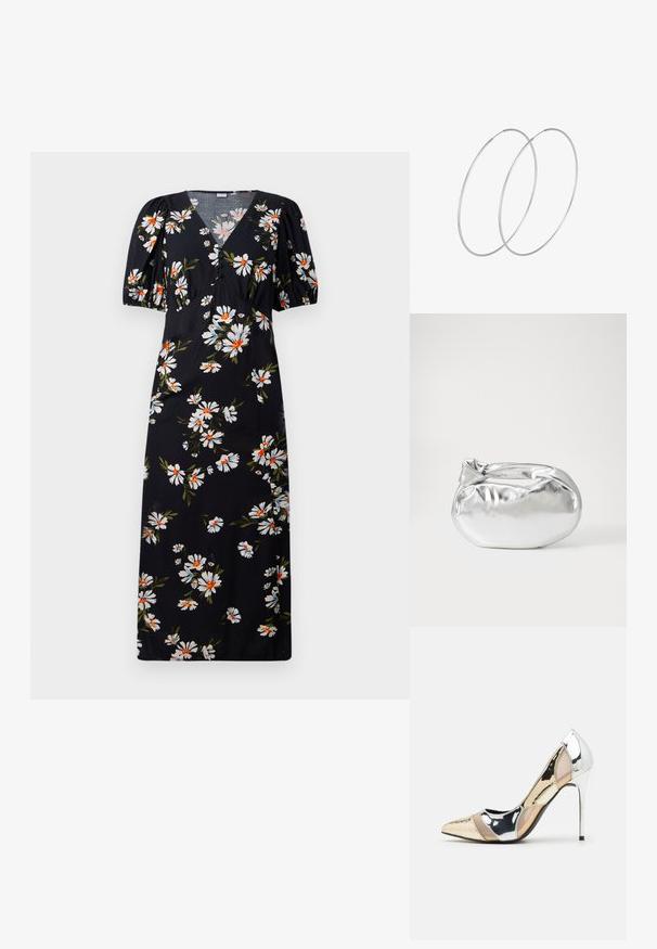 Črna midi obleka z belim in oranžnim cvetličnim vzorcem, V-izrezom, kratkimi pihastimi rokavi in gumbi na prsih.; Čevlji z visoko peto in konico, v barvni kombinaciji srebrne, zlate in nude. Sijajna obdelava z izrezljanim dizajnom, z igličasto peto.; Srebrna kovinska torbica z mehko, zaobljeno obliko in zavezano zgornjo zaporo. Narejena iz gladkega umetnega usnja.; Srebrne uhane v obliki obroča z minimalističnim dizajnom. Krožna oblika, gladka tekstura in tanek profil. Lahki s poliranim zaključkom.